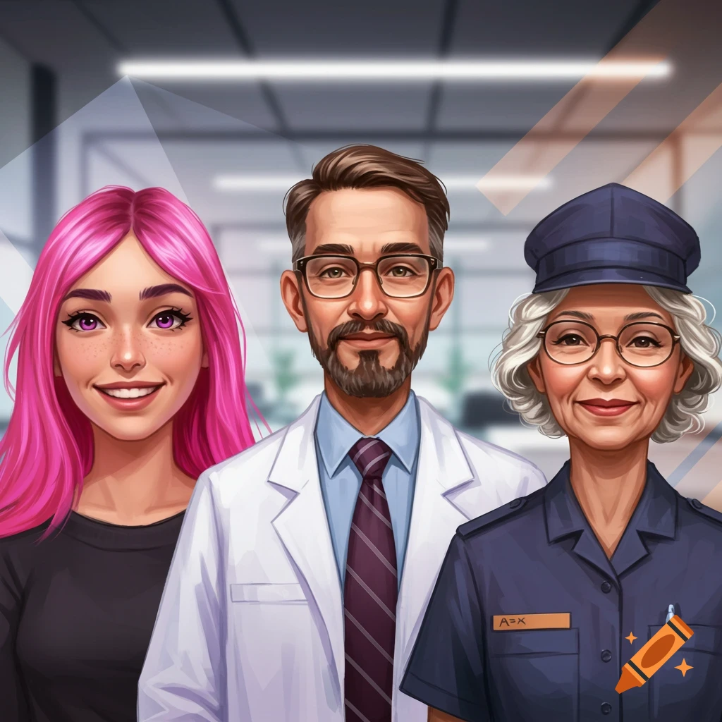 Three smiling people are depicted: a woman with pink hair, a man in a lab coat, and an older woman in a uniform.
