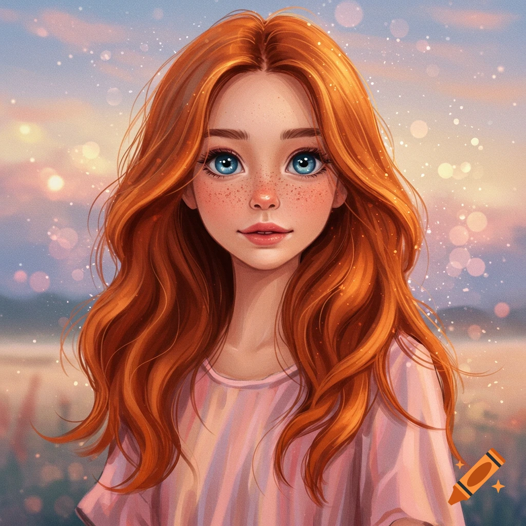 Young girl with red hair and blue eyes outdoors.