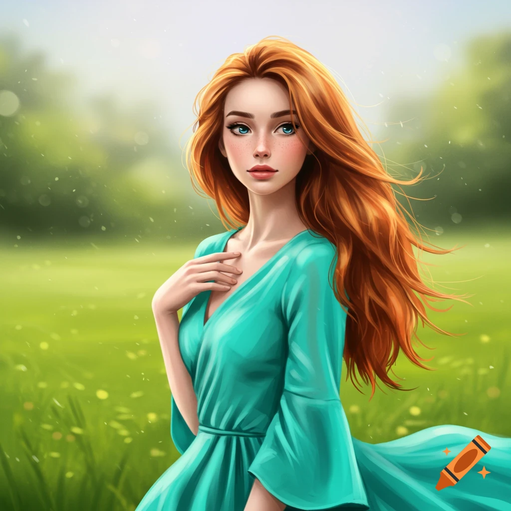 A woman with long red hair in a teal dress stands in a grassy field.