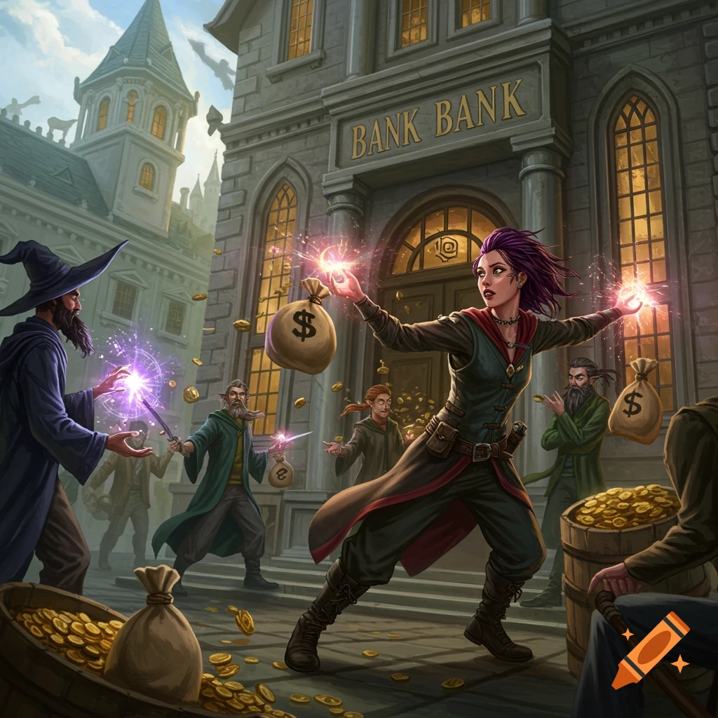 Wizards robbing a bank with magic, gold coins spill onto the street.