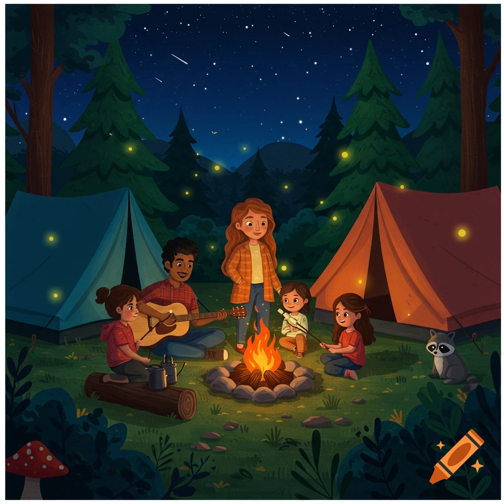 A family plays music and roasts marshmallows around a campfire at night.