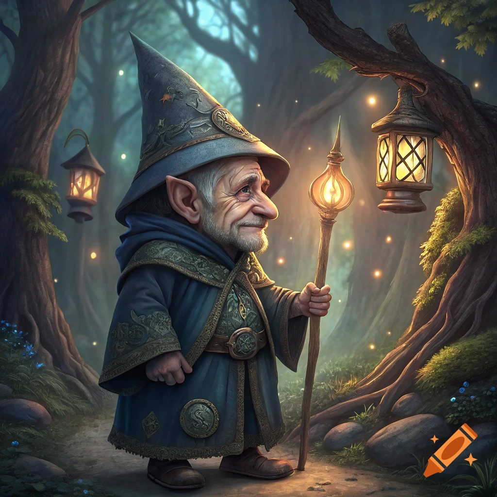 A fantasy illustration of a gnome in a blue robe walking on a forest path at night, holding a glowing staff.