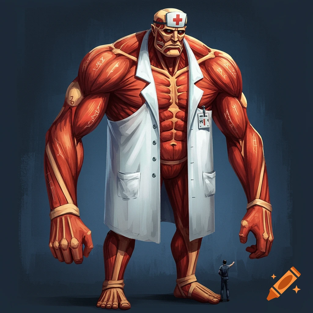 A giant muscular figure wearing a doctor's coat stands over a small human.