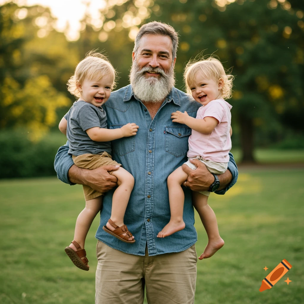 Dad with beard holds two laughing toddlers in a sunny park, photorealistic.