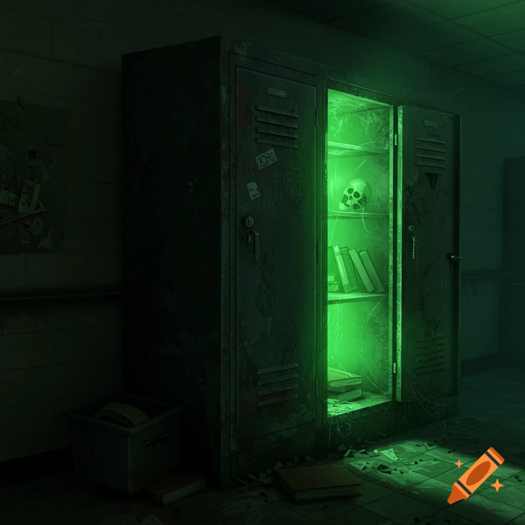 A spooky locker glows green in a dark hallway, containing a skull and books.