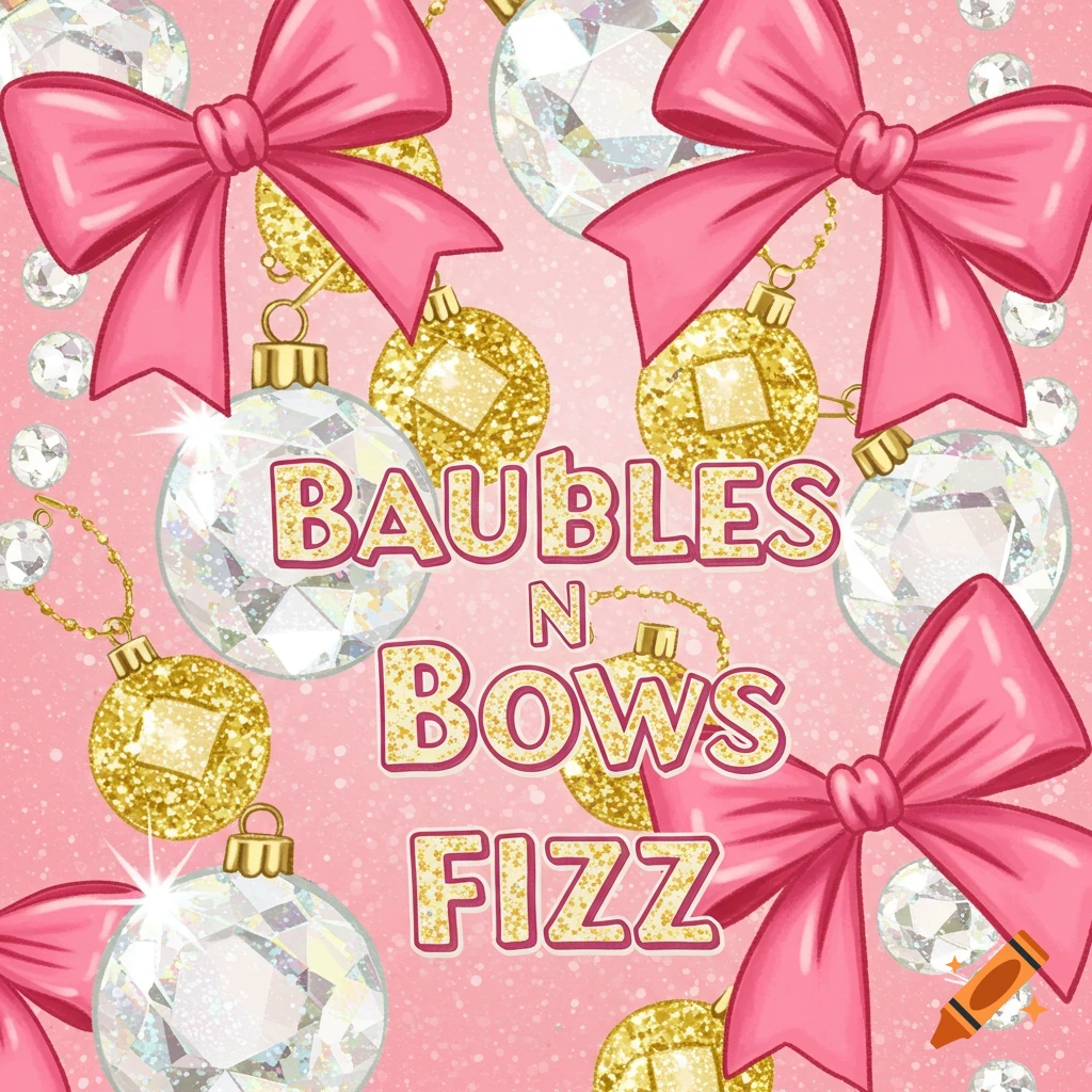 Pink background with pink bows, glittering gold and diamond baubles, and the text 'Baubles N Bows Fizz'.