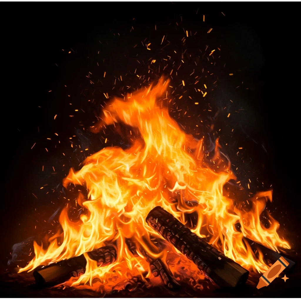 A campfire with bright flames and sparks.