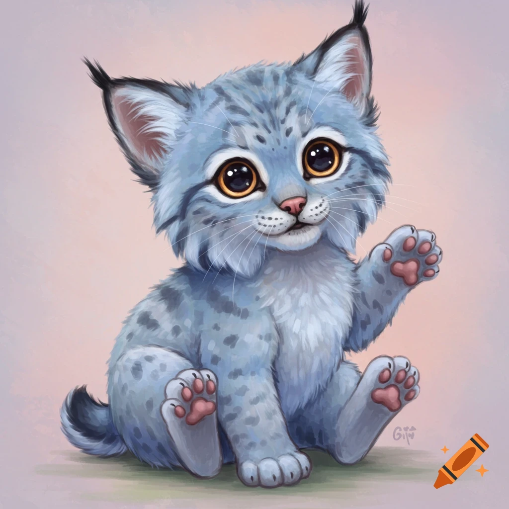 A cute baby lynx sitting and waving
