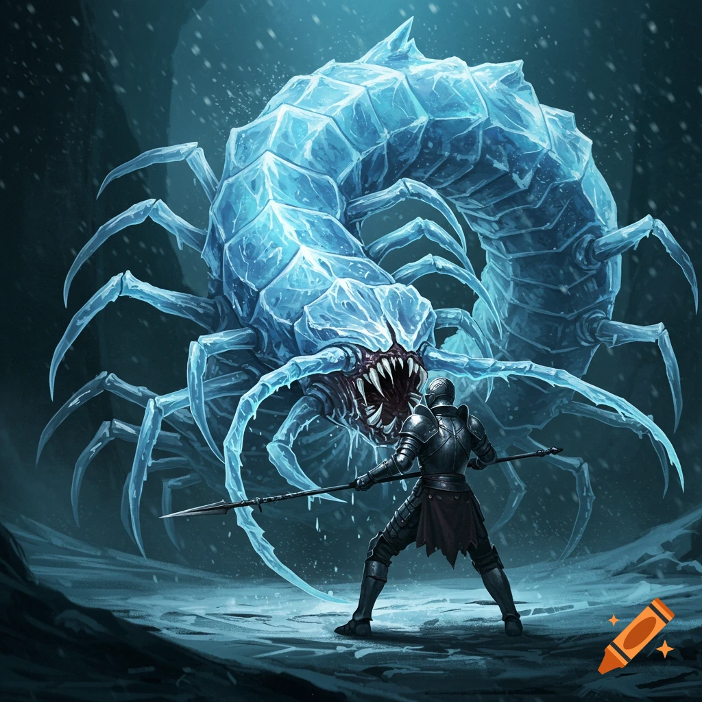 A knight in armor faces a large, icy centipede-like monster with multiple legs and sharp teeth in a snowy cave.