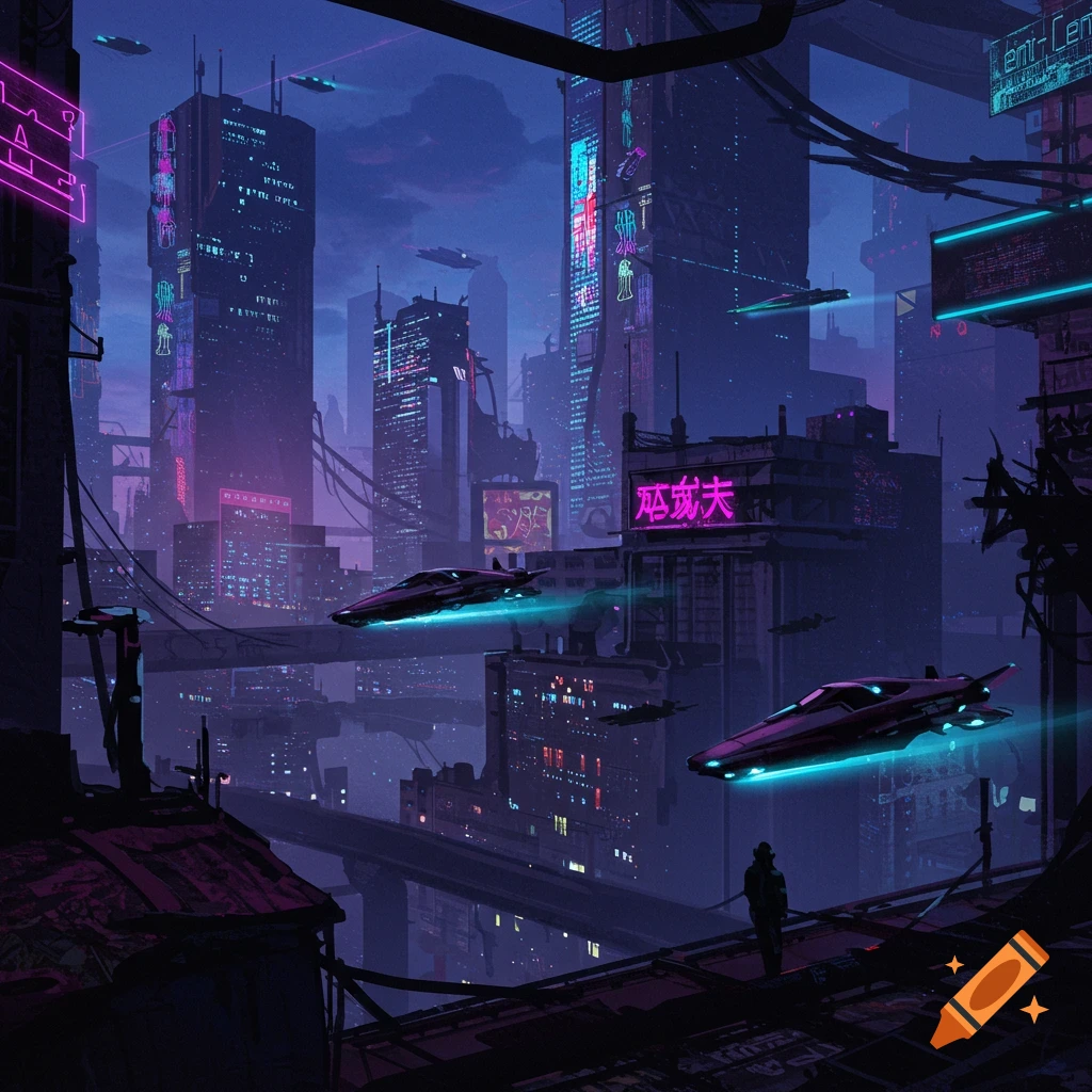 A futuristic city skyline at night with towering buildings, neon signs, flying vehicles, and a person.