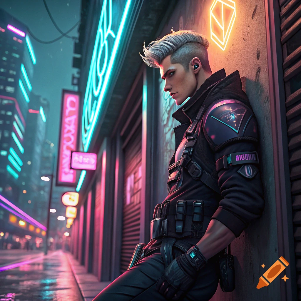 Cyberpunk character leans against a wall in a neon-lit city street.