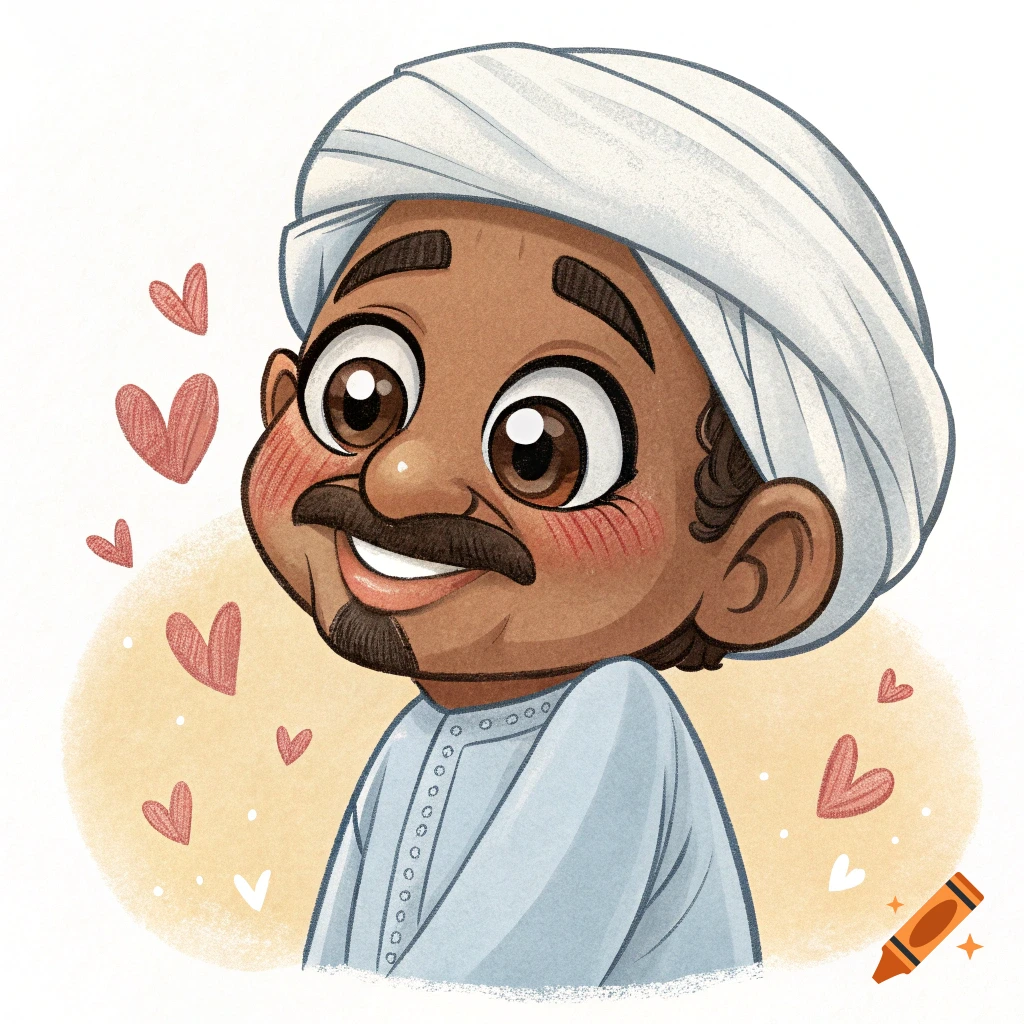 Cartoon illustration of a cute man wearing a white turban with hearts floating around him.