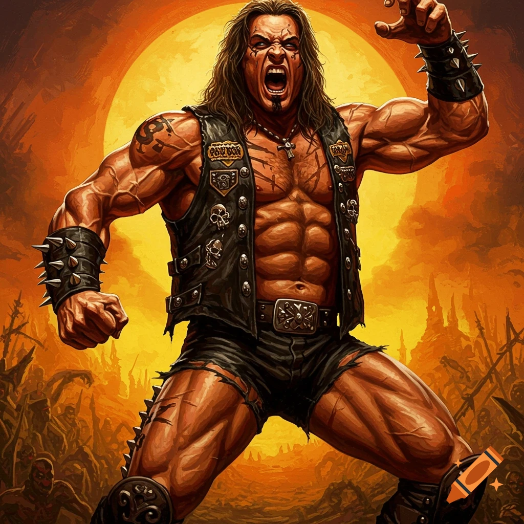 Muscular man in leather vest and shorts yells in a metal/fantasy battle scene.
