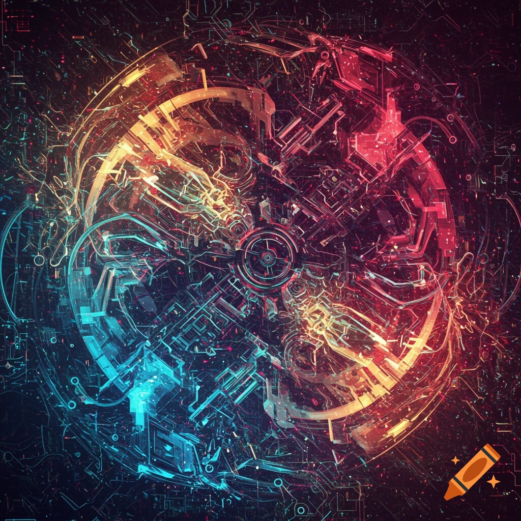 Abstract with intricate circuit board patterns in red, blue, and orange.