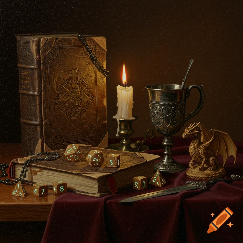 Still life oil painting of D&D items: books, dice, dragon statue, chalice, sword, candle on red cloth.