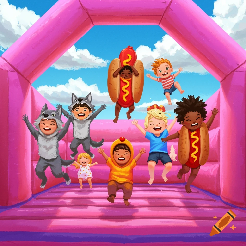 Children in wolf and hot dog costumes jumping in a pink bouncy castle, illustration.