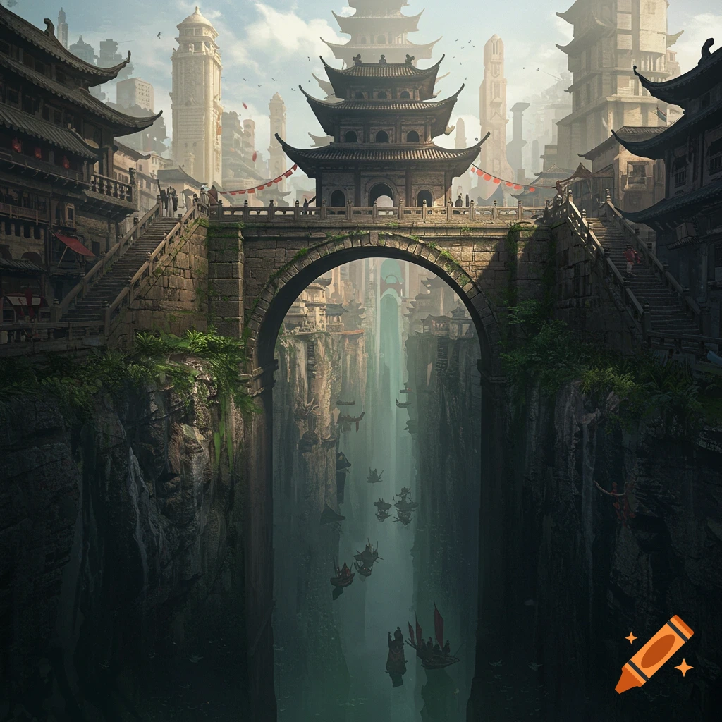 A city with traditional architecture, a stone bridge over a deep chasm, and boats below.