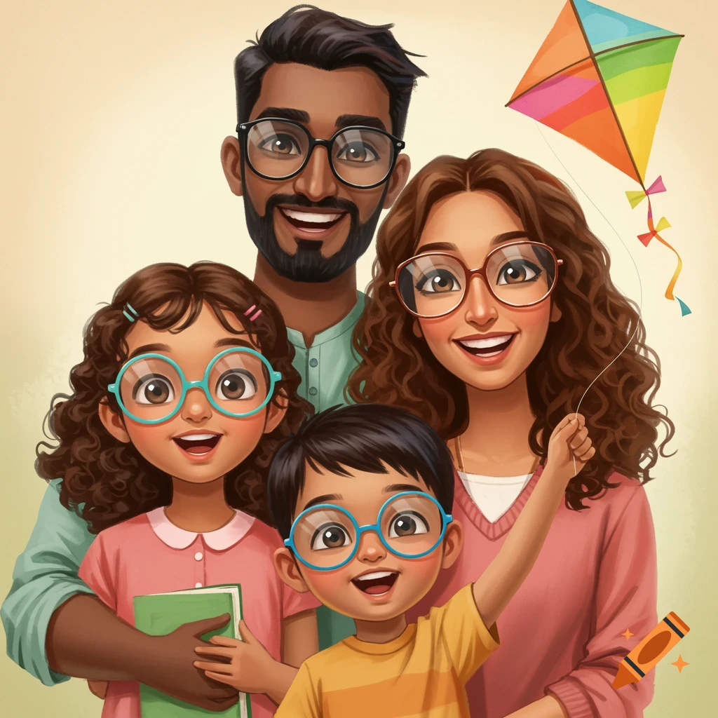 A diverse family with glasses, featuring parents and two children, one holding a book and the other a kite, in a warm, joyful style.