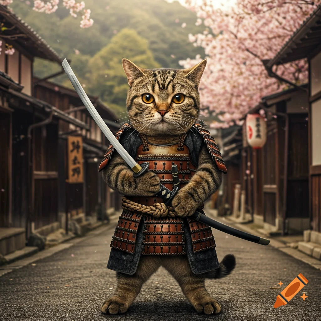 A tabby cat dressed as a samurai holds a katana sword in a Japanese village with cherry blossoms.