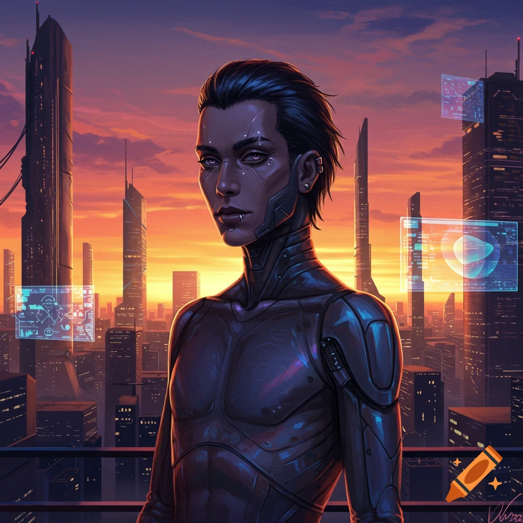 An androgynous person in a futuristic suit standing in front of a city skyline at sunset.