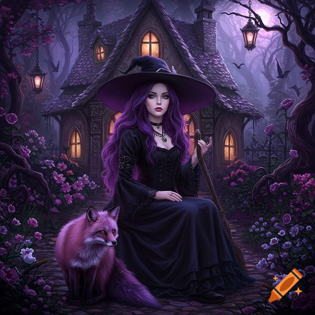 A witch with long purple hair sits with a purple fox in a gothic garden setting.