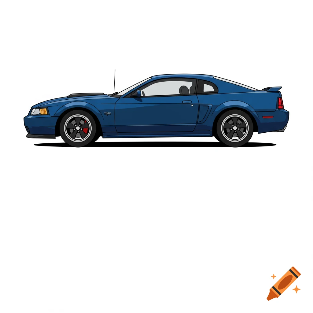 A blue 2000s Ford Mustang in a vector graphic style