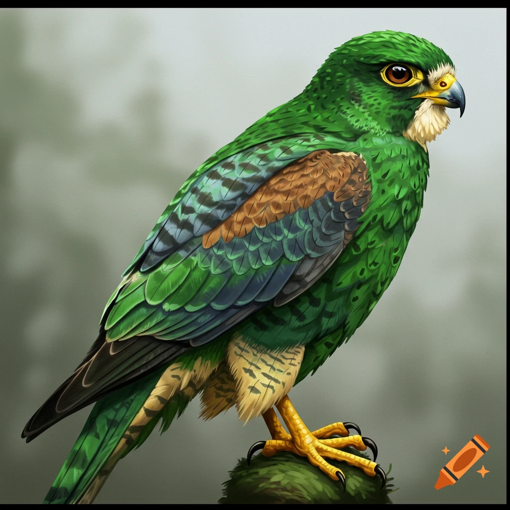 A green falcon perched on a rock.