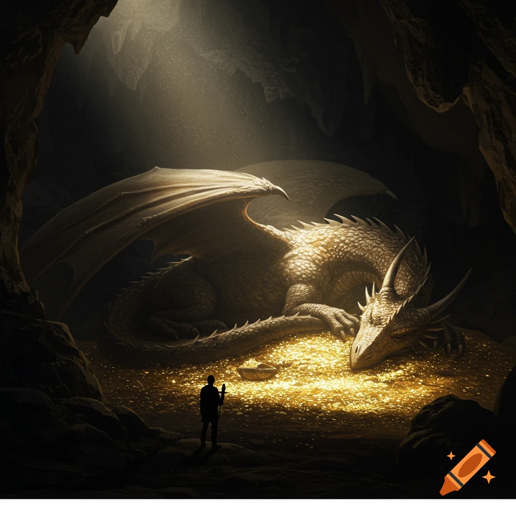 Sleeping dragon on gold in a dark cave with a person silhouetted in foreground.