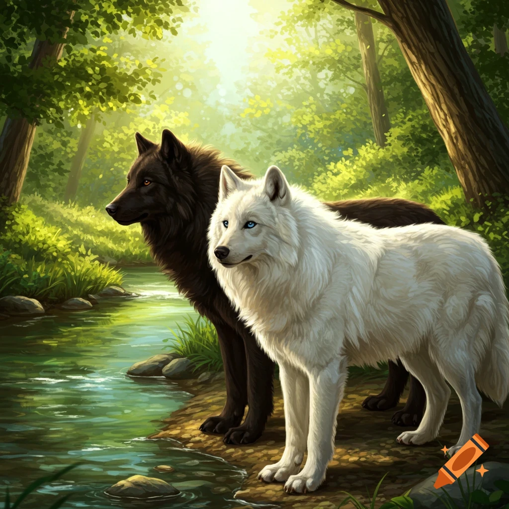 A black wolf and a white wolf standing beside a creek in a forest.