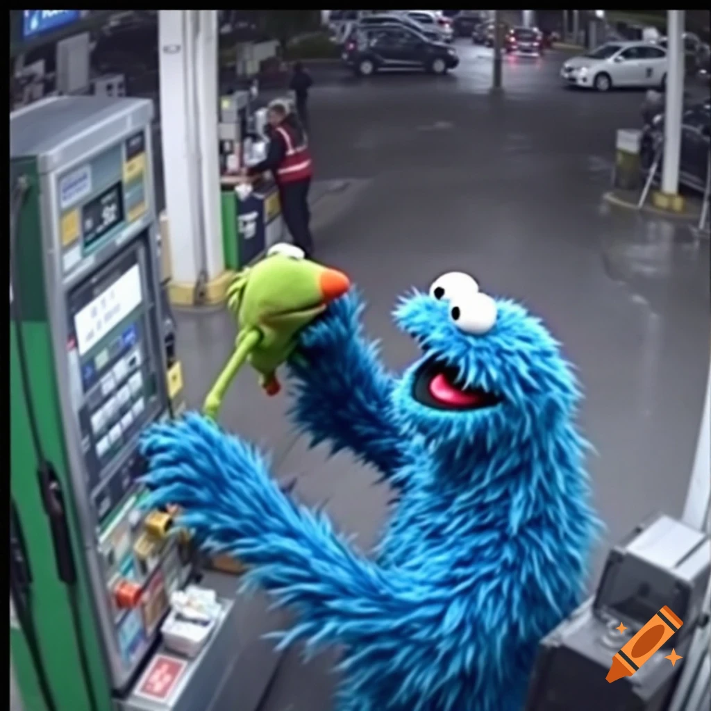 Cookie Monster holds Kermit the Frog at a gas station in CCTV footage