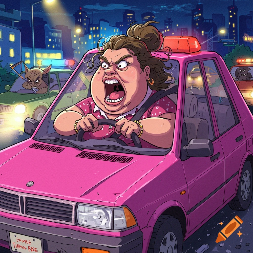 Cartoon woman with road rage drives a pink car through a city street at night, pursued by other angry drivers.
