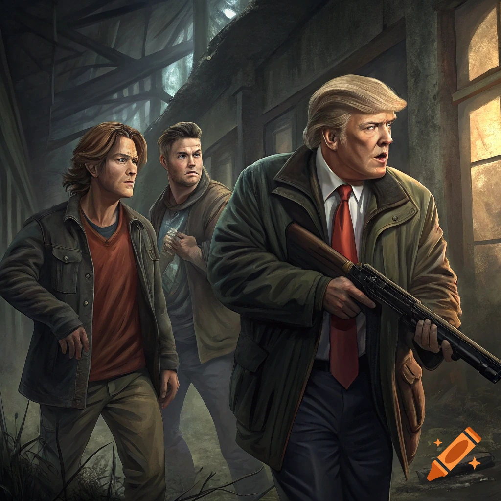 Illustration of three men, one with a rifle, walking through a dark, ruined building.