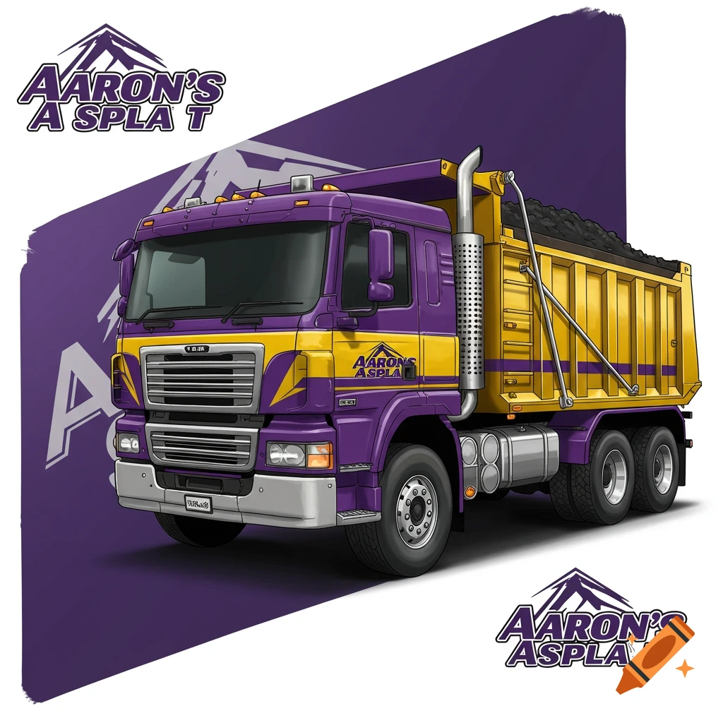 A purple and yellow dump truck hauling cargo with text logos.