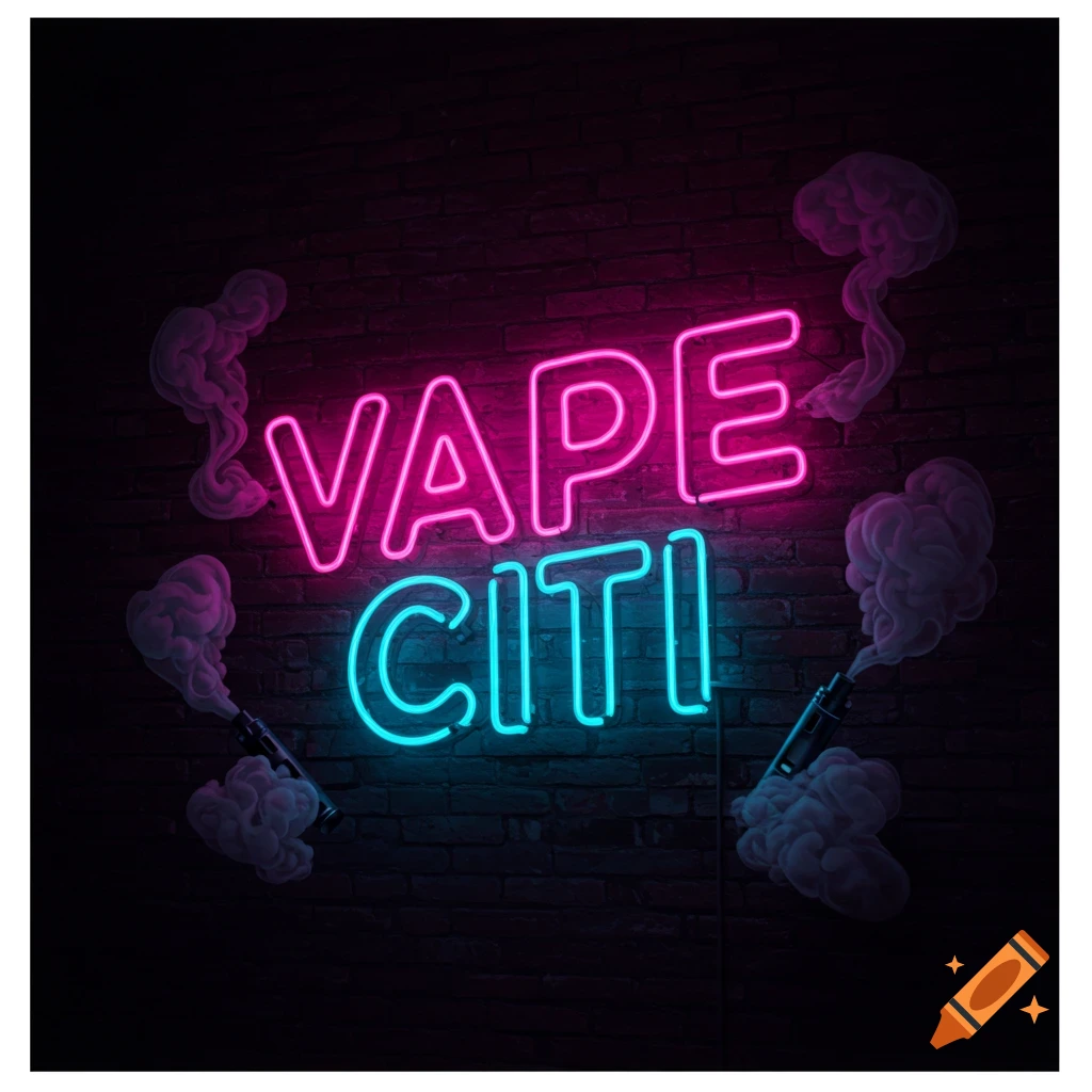 A pink and blue neon sign saying 'VAPE CITI' is mounted on a brick wall, with vape smoke visible.