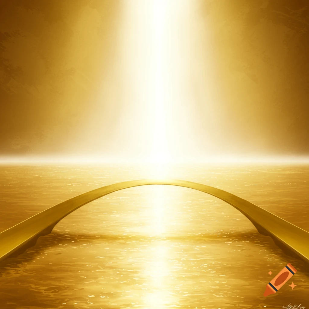 A golden ocean under bright light, with a golden bridge extending to the horizon.