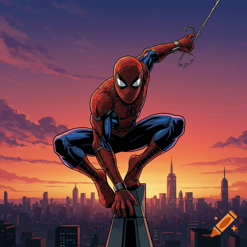 Spider-Man perched on a building overlooking a city skyline at sunset, comic art style.