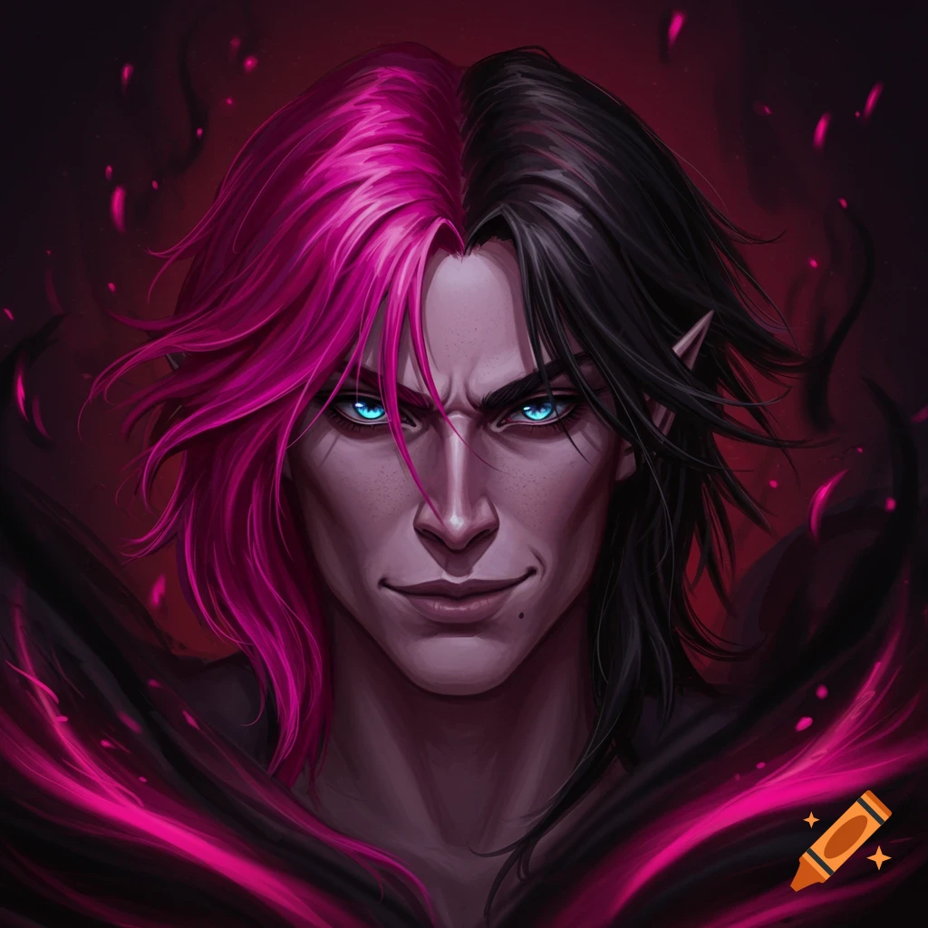 Portrait of a fantasy character with split pink and black hair and glowing blue eyes surrounded by pink energy.