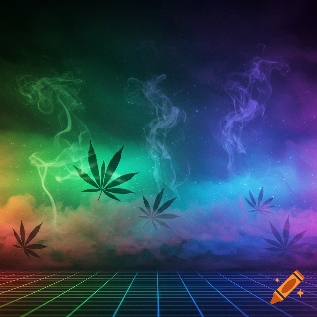 Silhouettes of marijuana leaves among smoke on a colorful futuristic grid background.