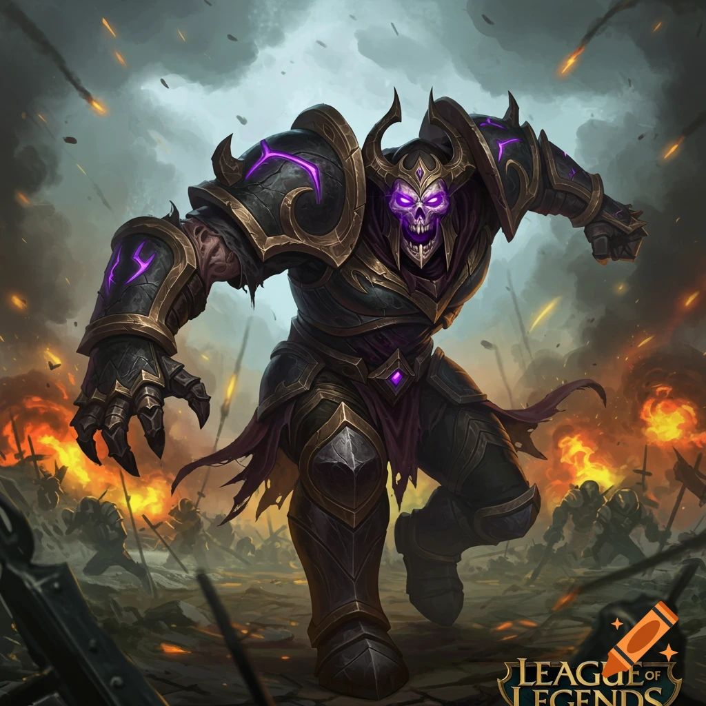 A large armored skeletal warrior, Sion from League of Legends, runs through a burning battlefield.
