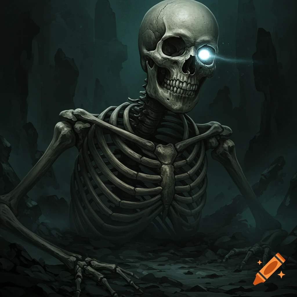 A giant skeleton with a glowing eye is sitting in a dark cave.