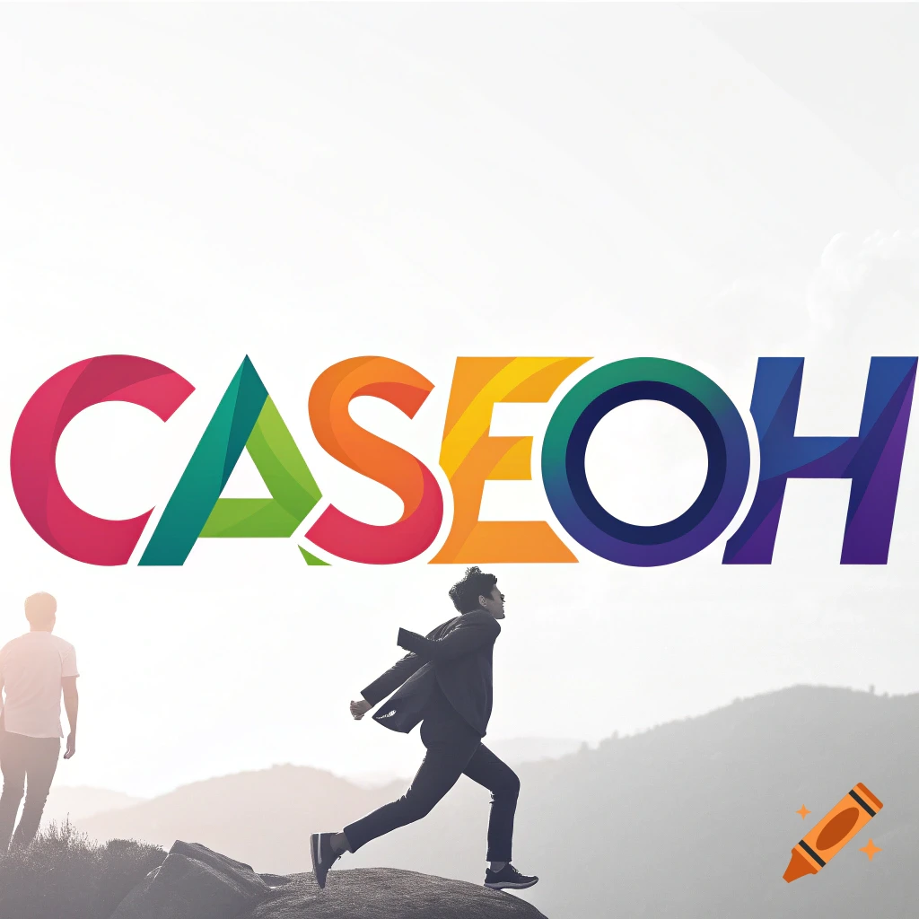 Colorful text CASEOH overlaid on a scene of a person running on a hill with another standing behind against a bright sky and mountains.