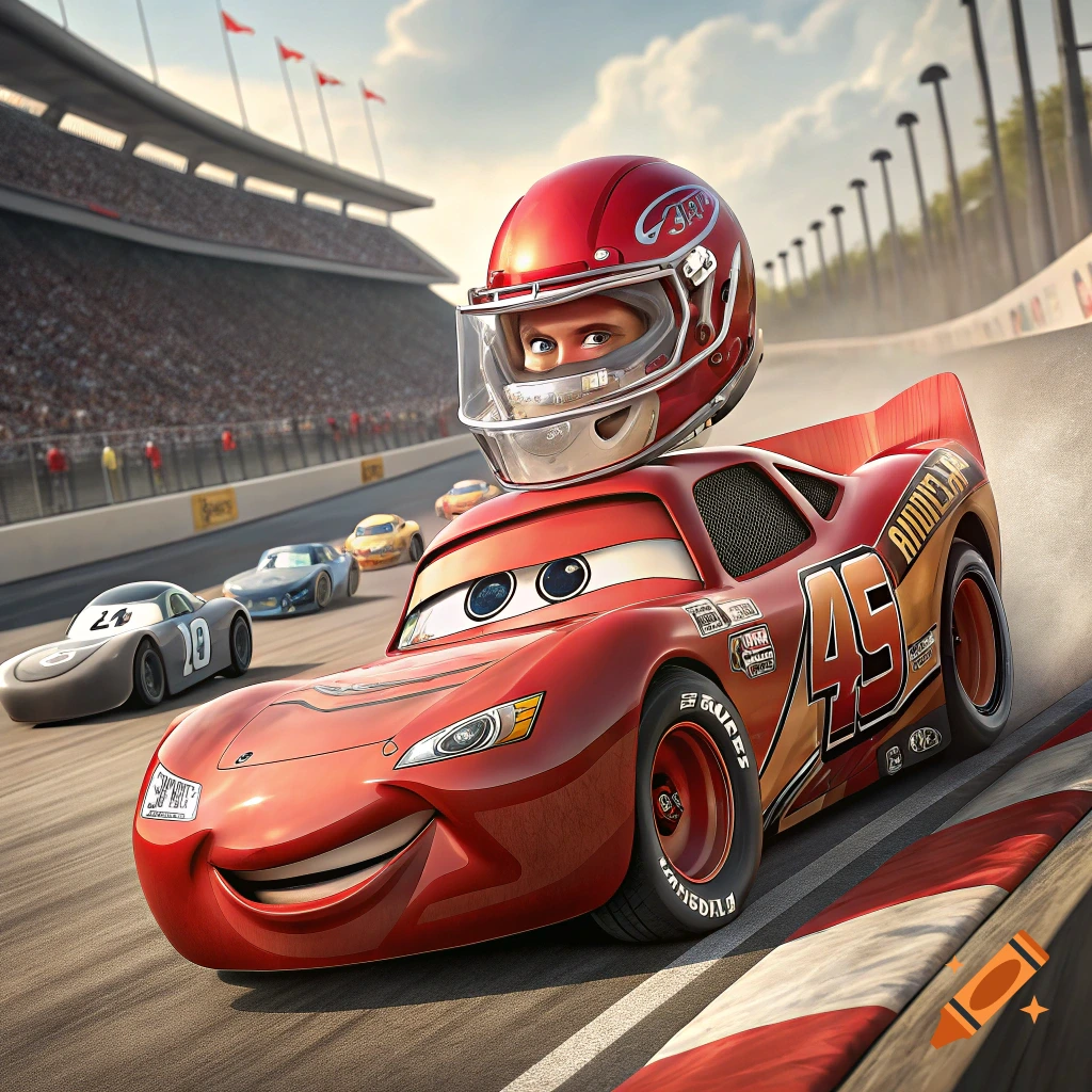 Lightning McQueen racing on a track, wearing a red football helmet with a human face visible inside.