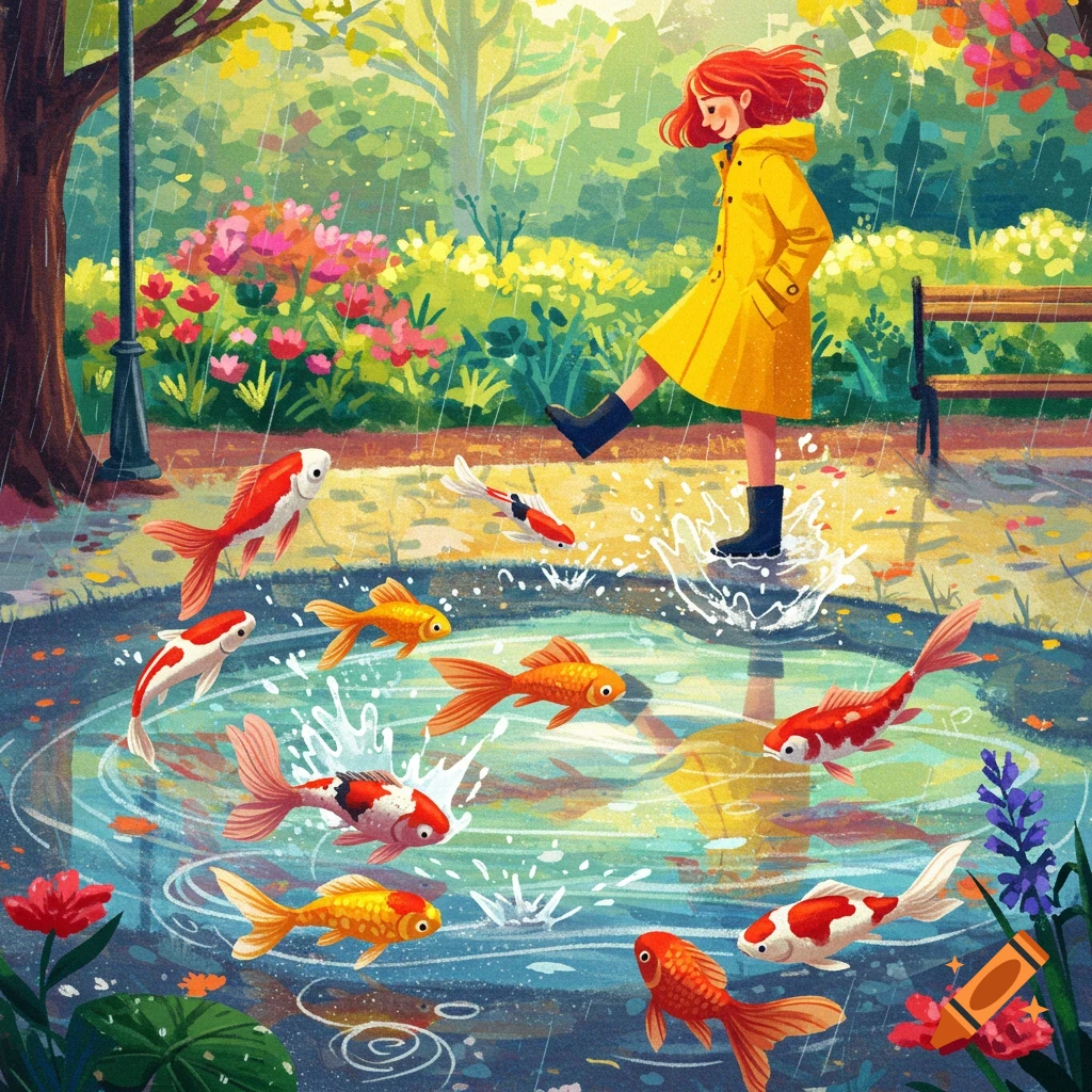 A person in a yellow raincoat splashing in a puddle with fish swimming around them in a park during rain.