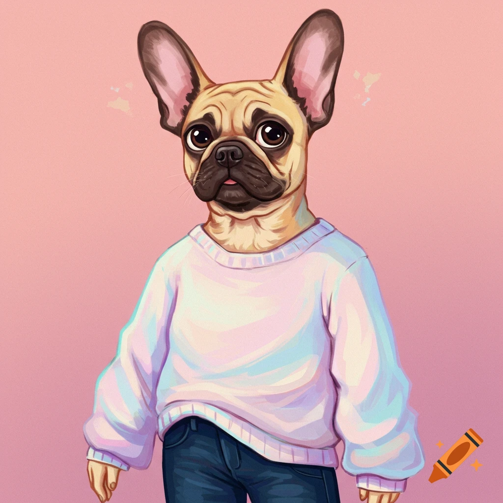 An anthropomorphic French bulldog wears a sweater and jeans against a pink background.