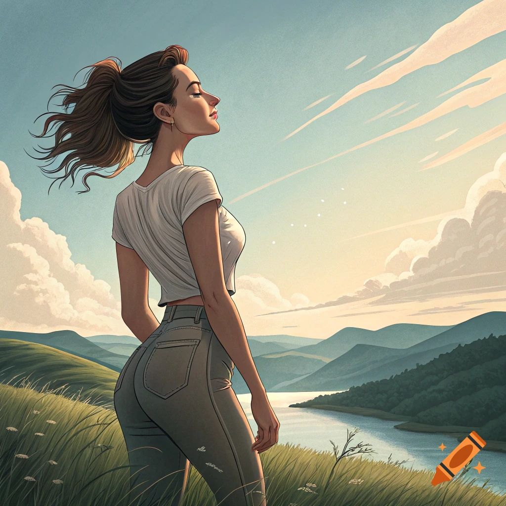 Illustration of a woman standing in a grassy field, looking at a river and mountains.