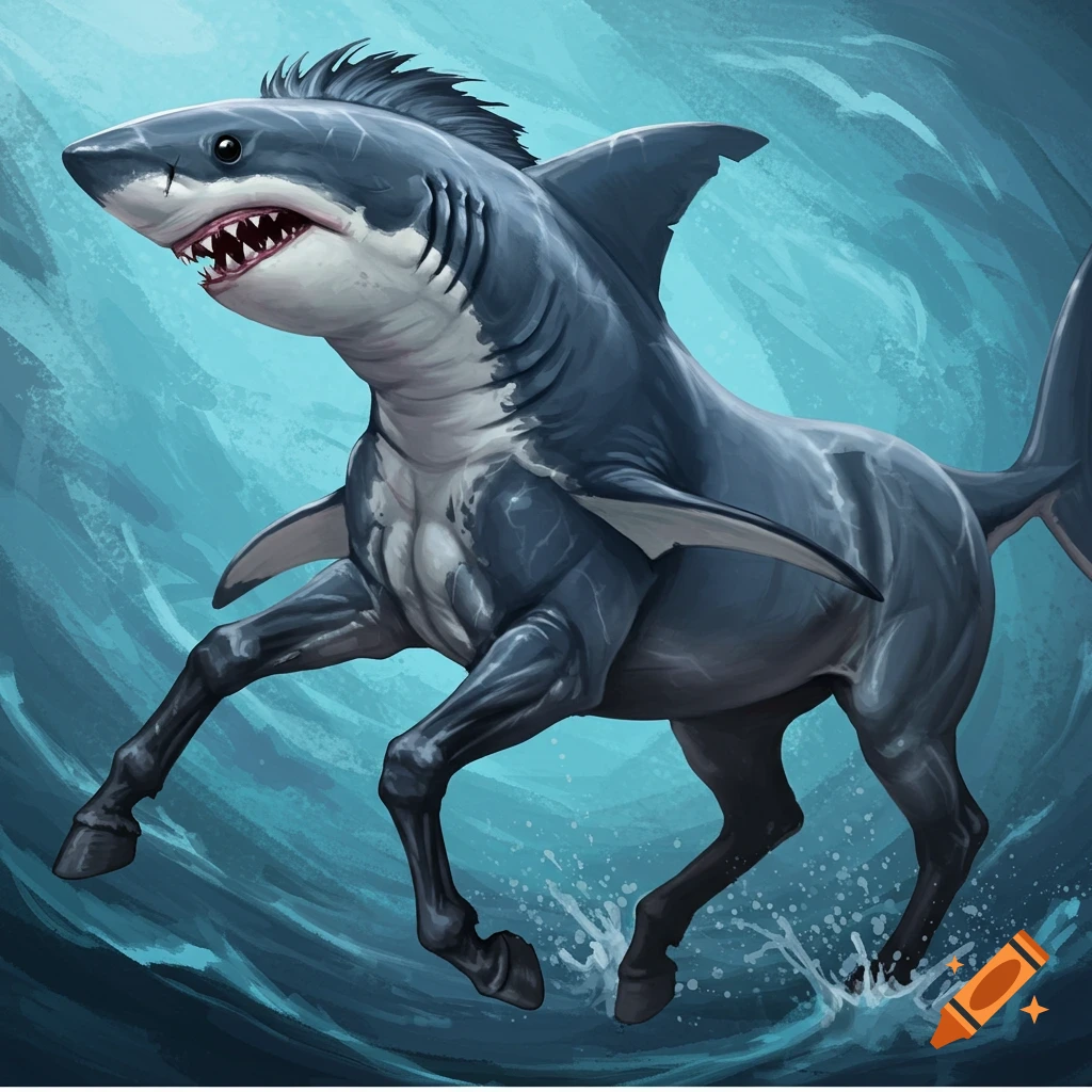 A shark-horse hybrid running through water.