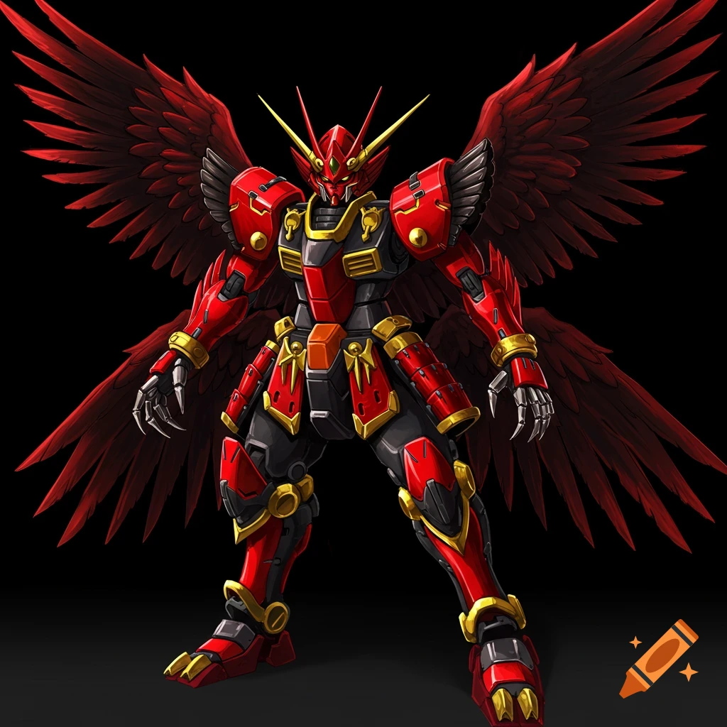 A red and gold robot with large red wings stands against a black background.