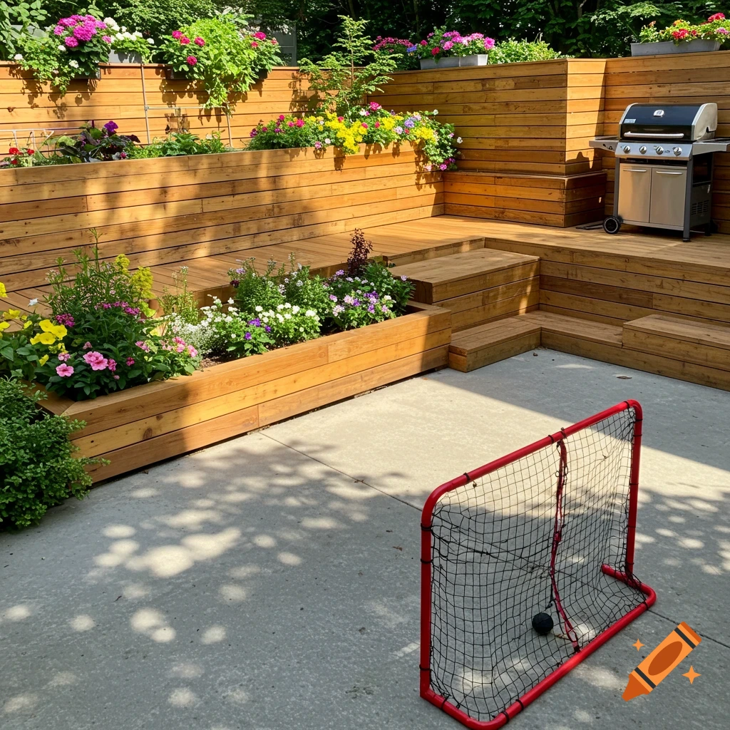 A backyard with a concrete level and hockey net, and a raised wooden deck with planters and a grill.