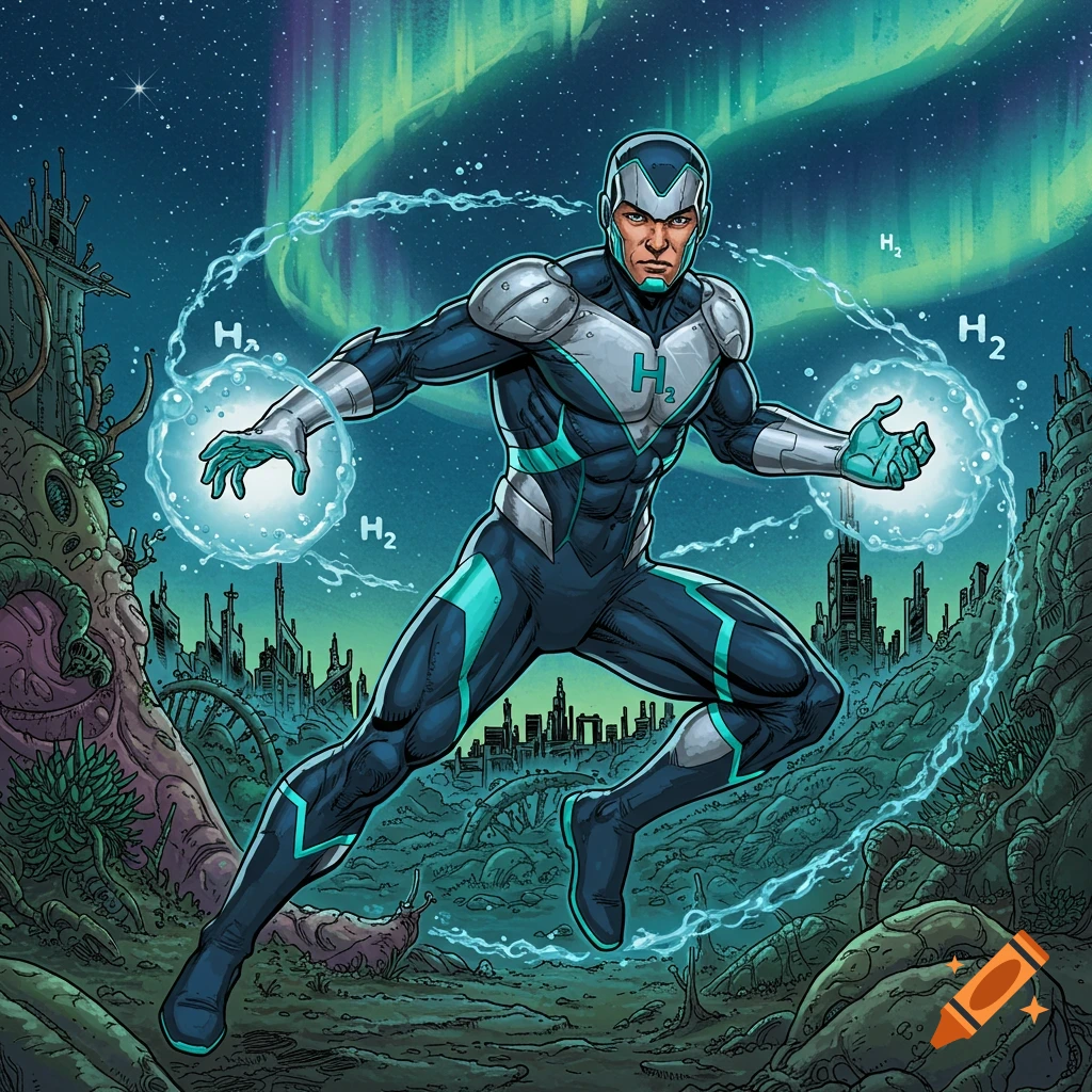 Superhero generating blue energy spheres with H2 symbols, in a futuristic landscape with aurora.