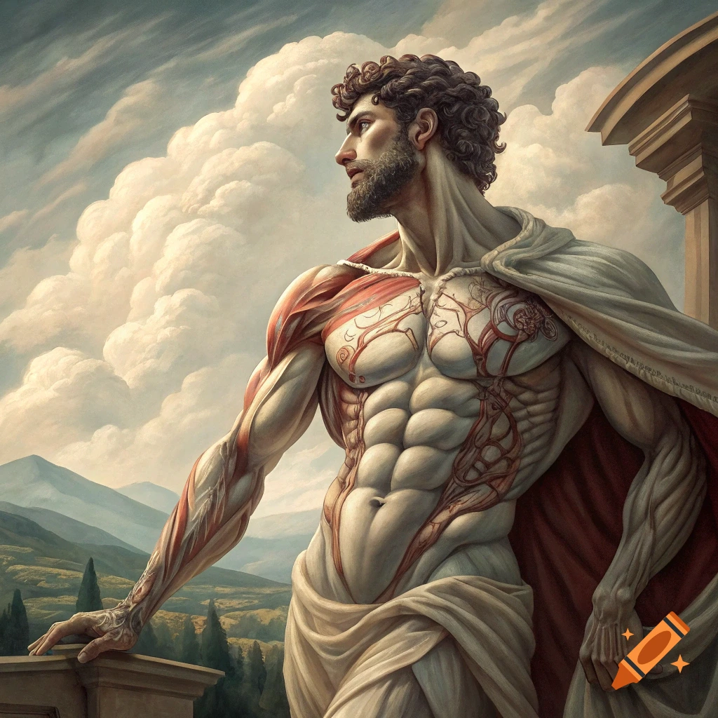 Classical style painting of a muscular man with exposed anatomy draped in cloth, looking over landscape.